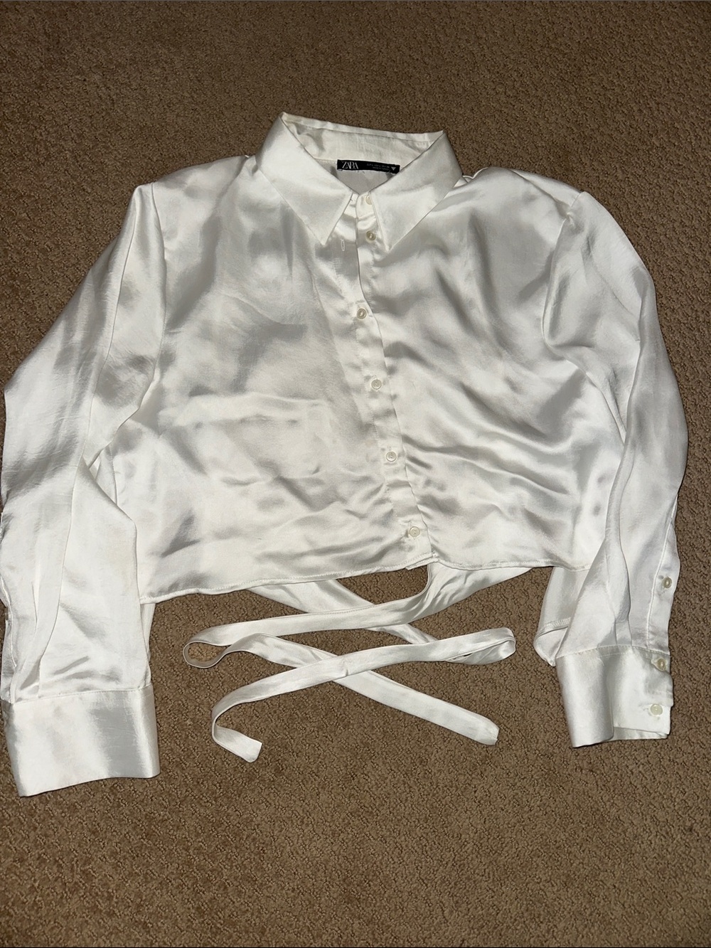 Zara White Satin Cropped Tie-Front Button Down Shirt